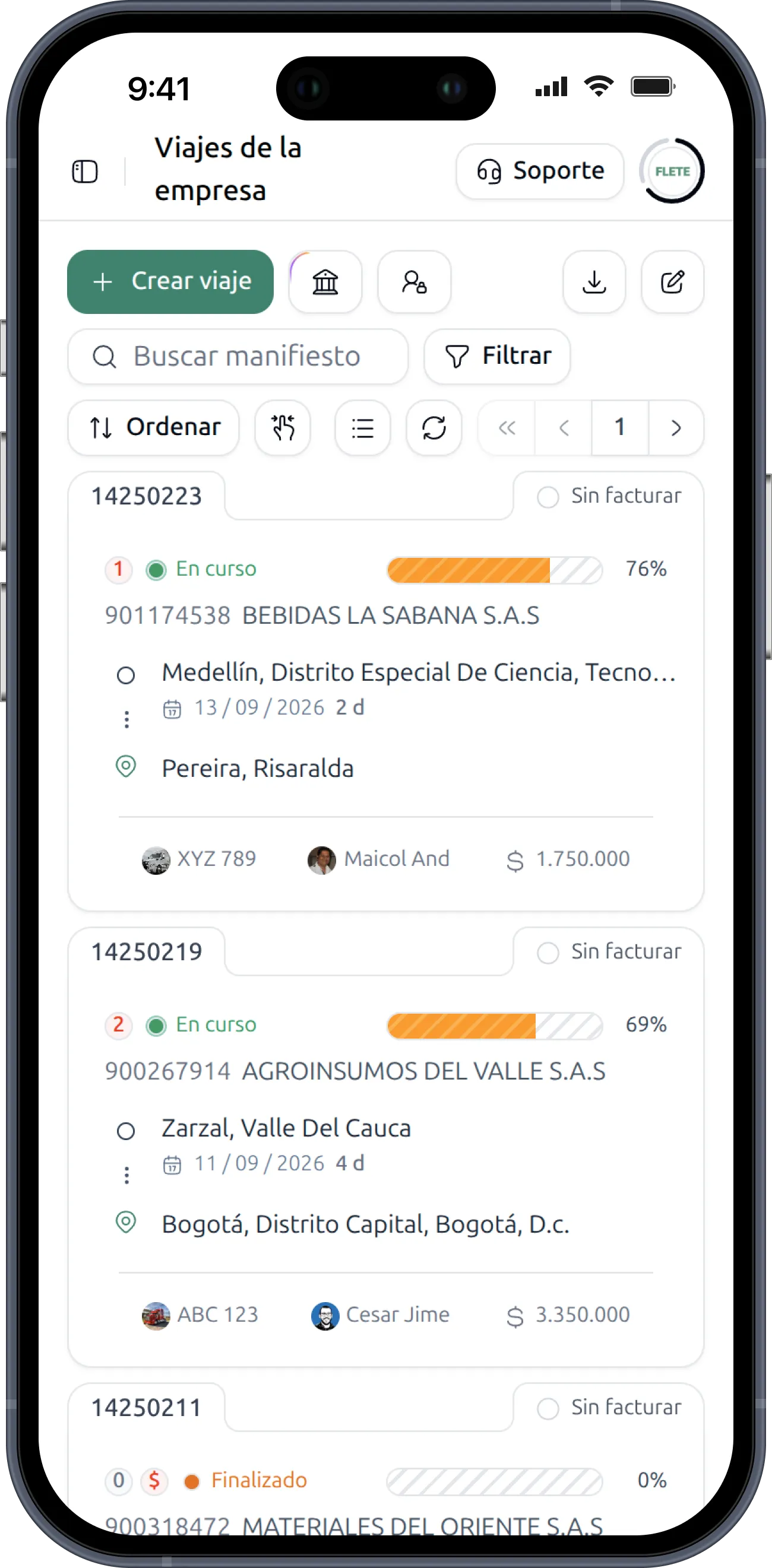 Flete en un celular, con los mismos viajes de la empresa en tarjetas: manifiesto, ruta, placa, conductor y saldo