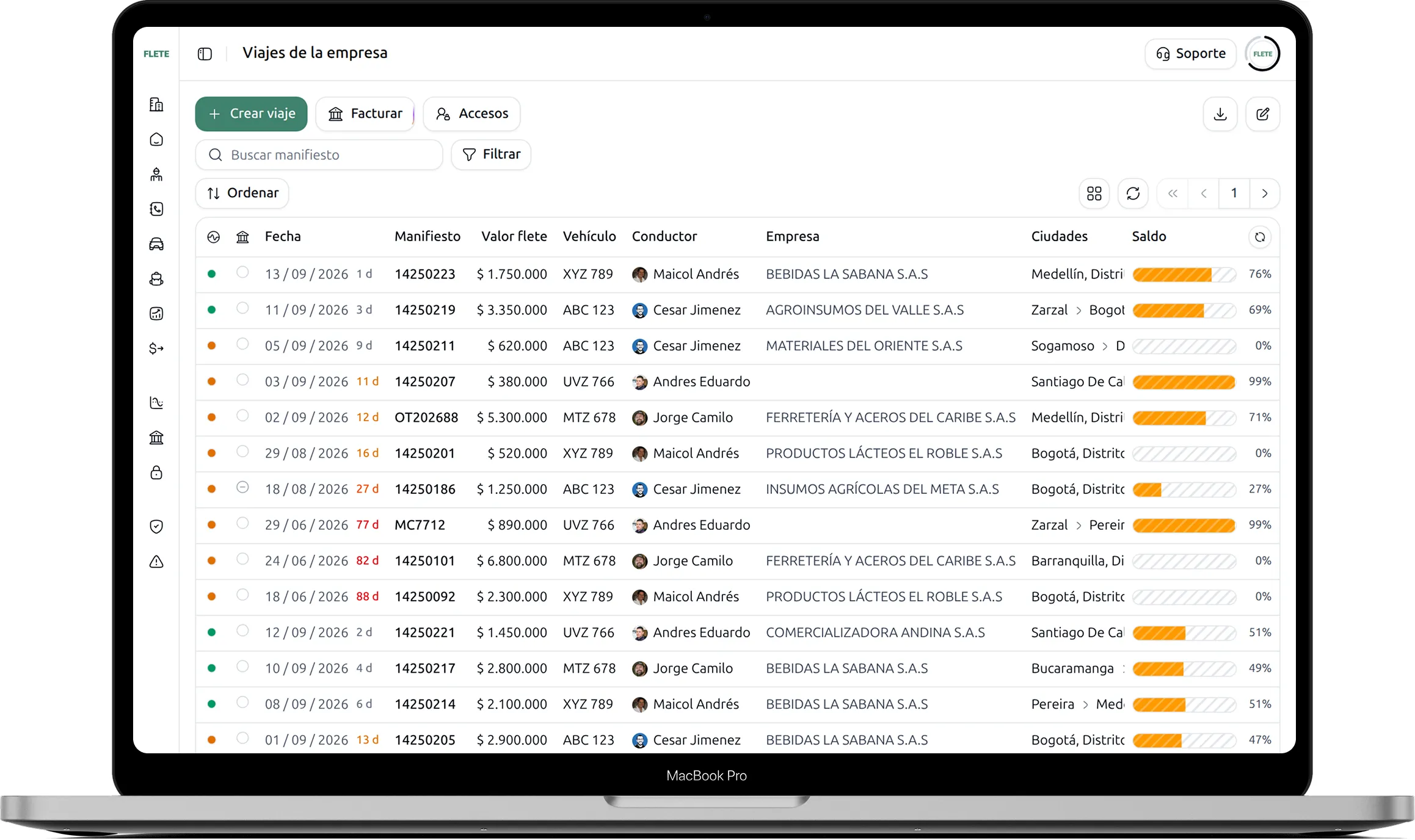 Flete abierto en un computador portátil, con la lista de viajes de la empresa: fecha, manifiesto, valor del flete, vehículo, conductor y saldo